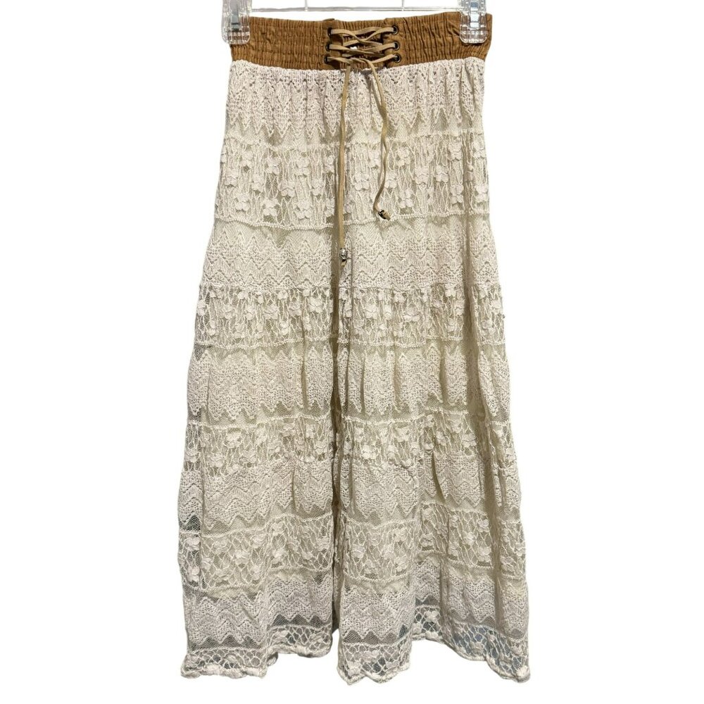 Lace Tiered Maxi Praire Skirt Sz XS-S  Faux Suede Waist w Lace-up Western Boho